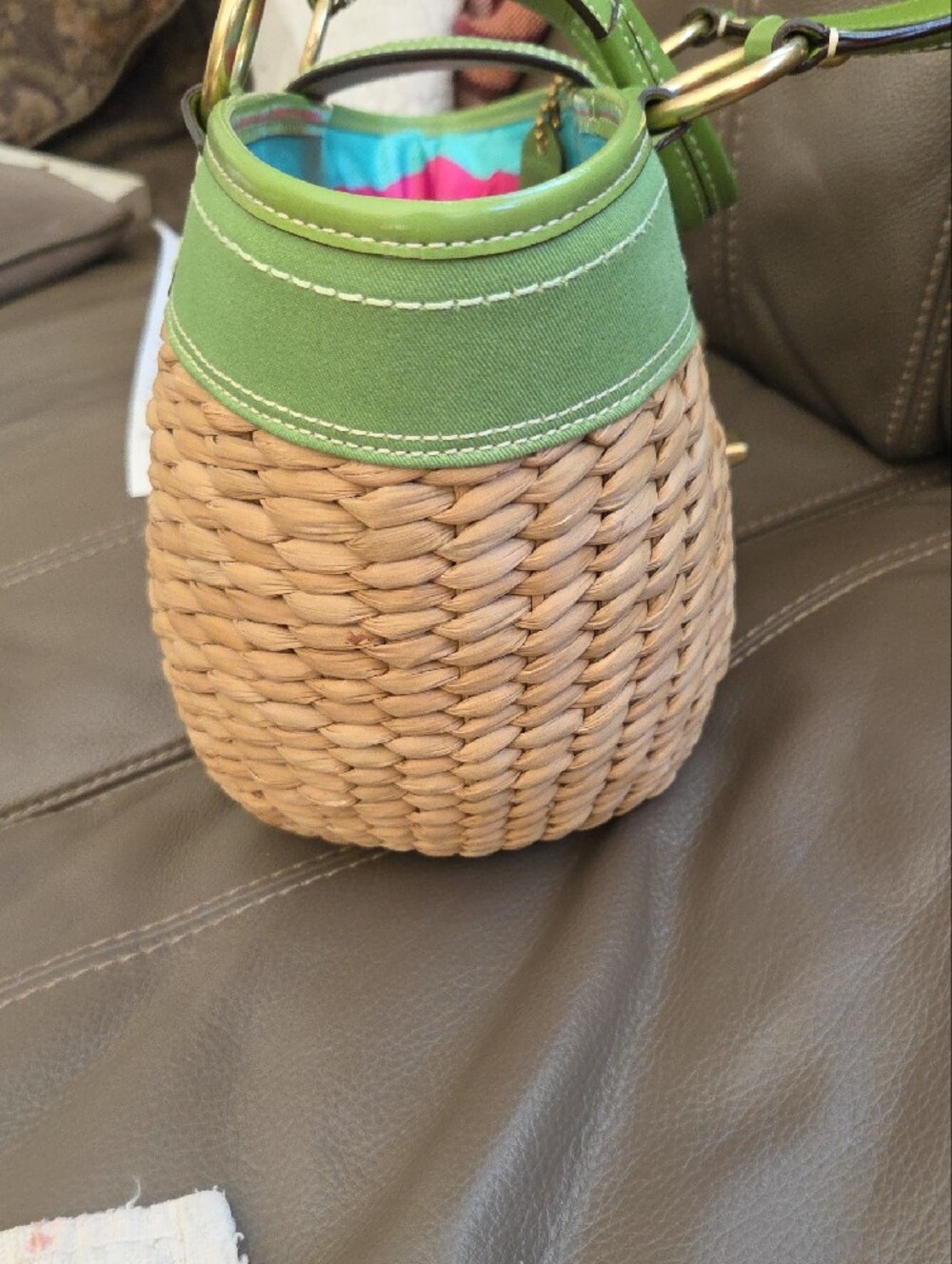 Coach Legacy Woven Straw Basket Tote With Green Trim - Picture 15 of 16